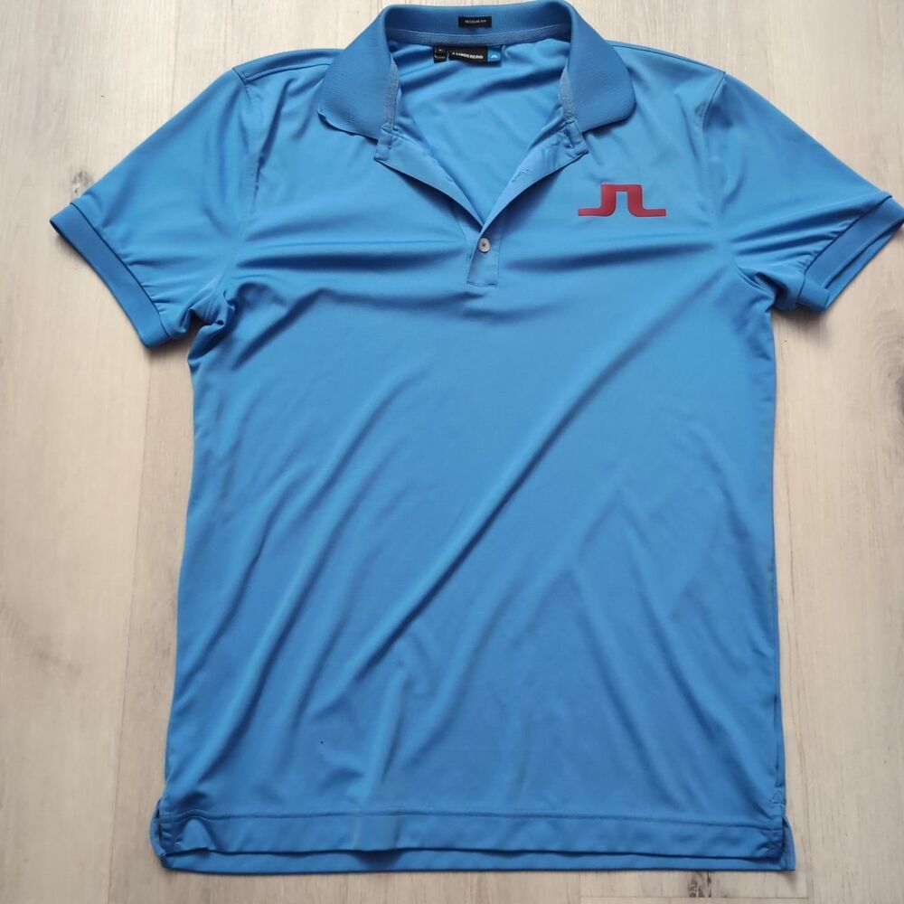 J.Lindeberg Polo Men's Medium Blue Big Logo Regular Fit Short Sleeve
